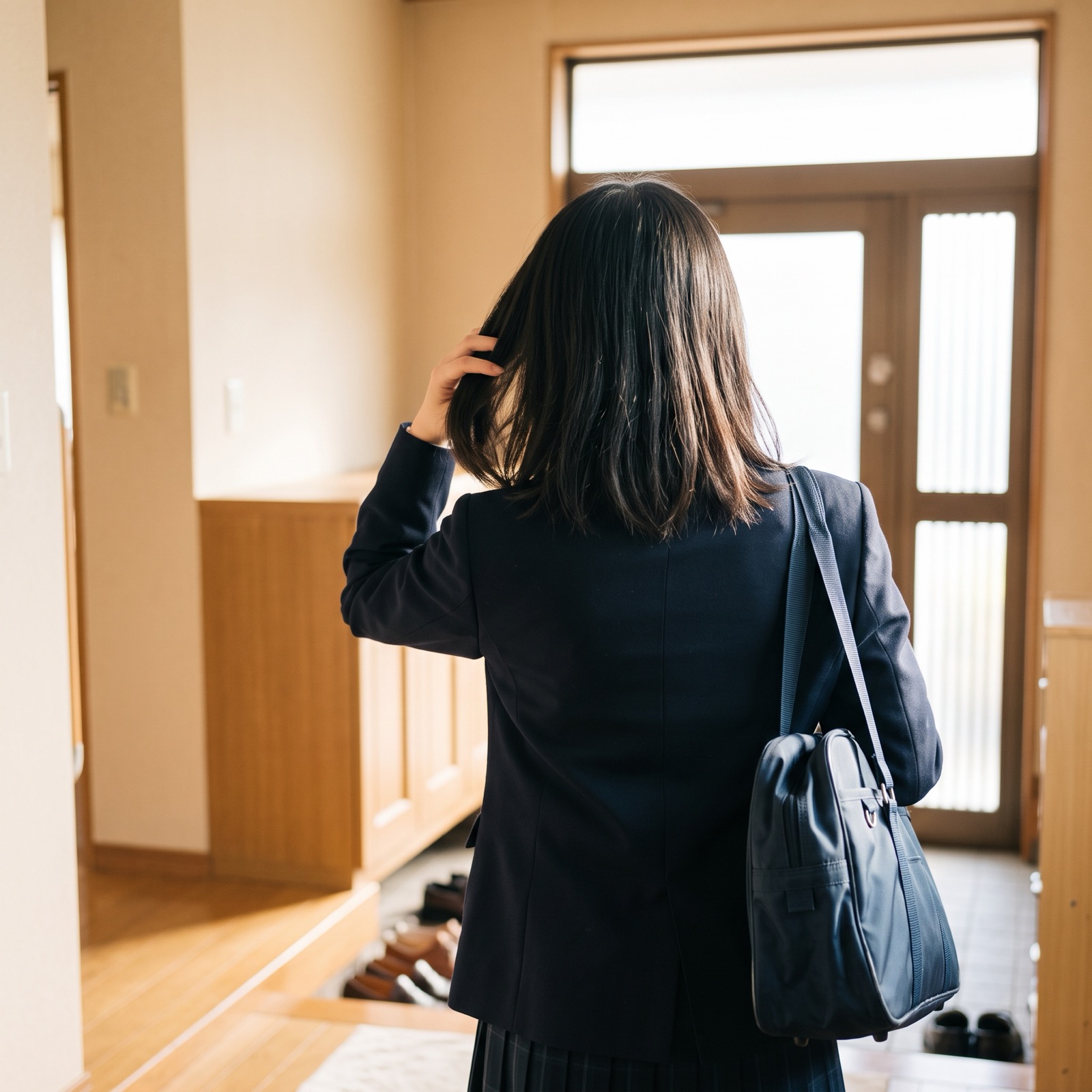 朝、髪を整える様子