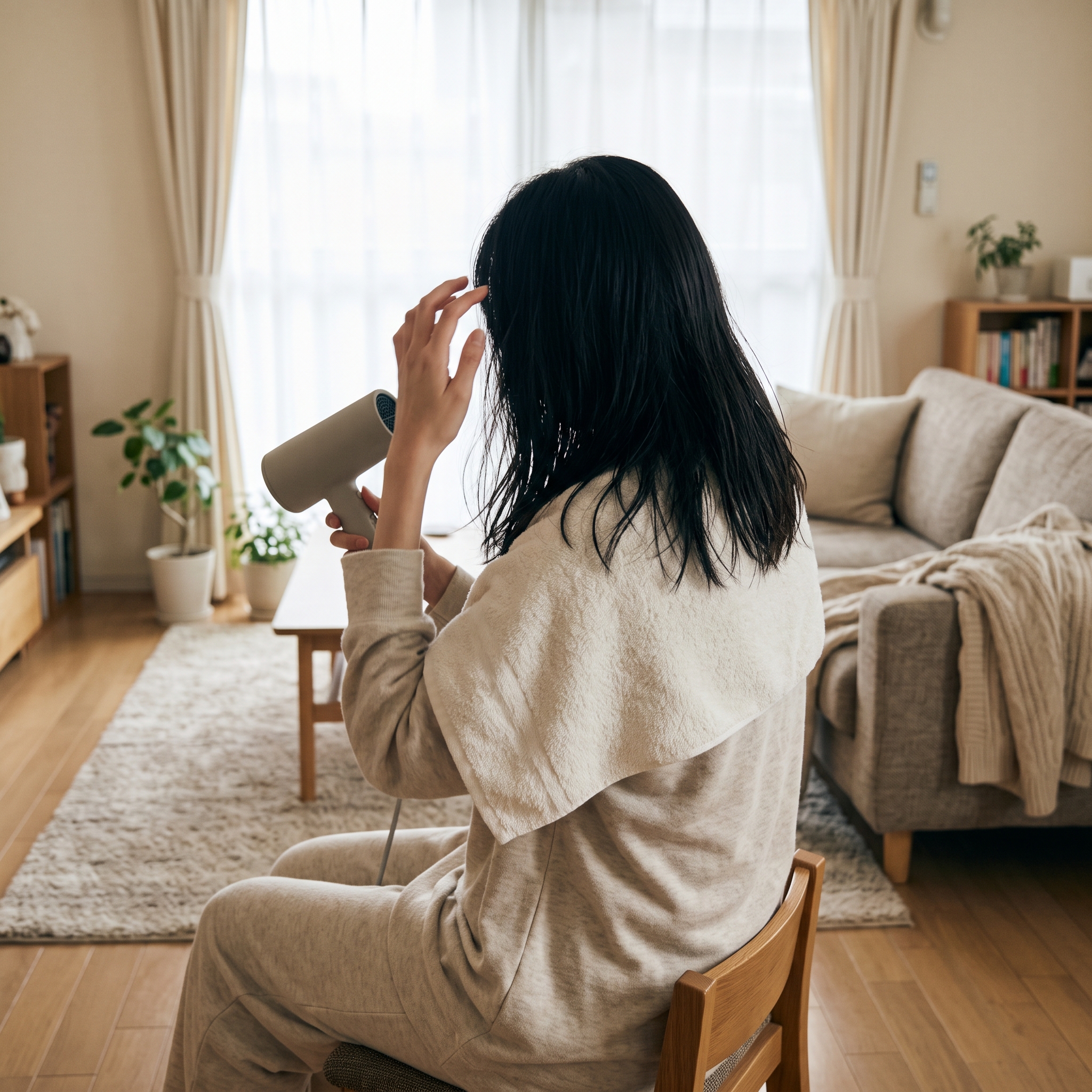 お風呂上がりに髪を乾かす様子