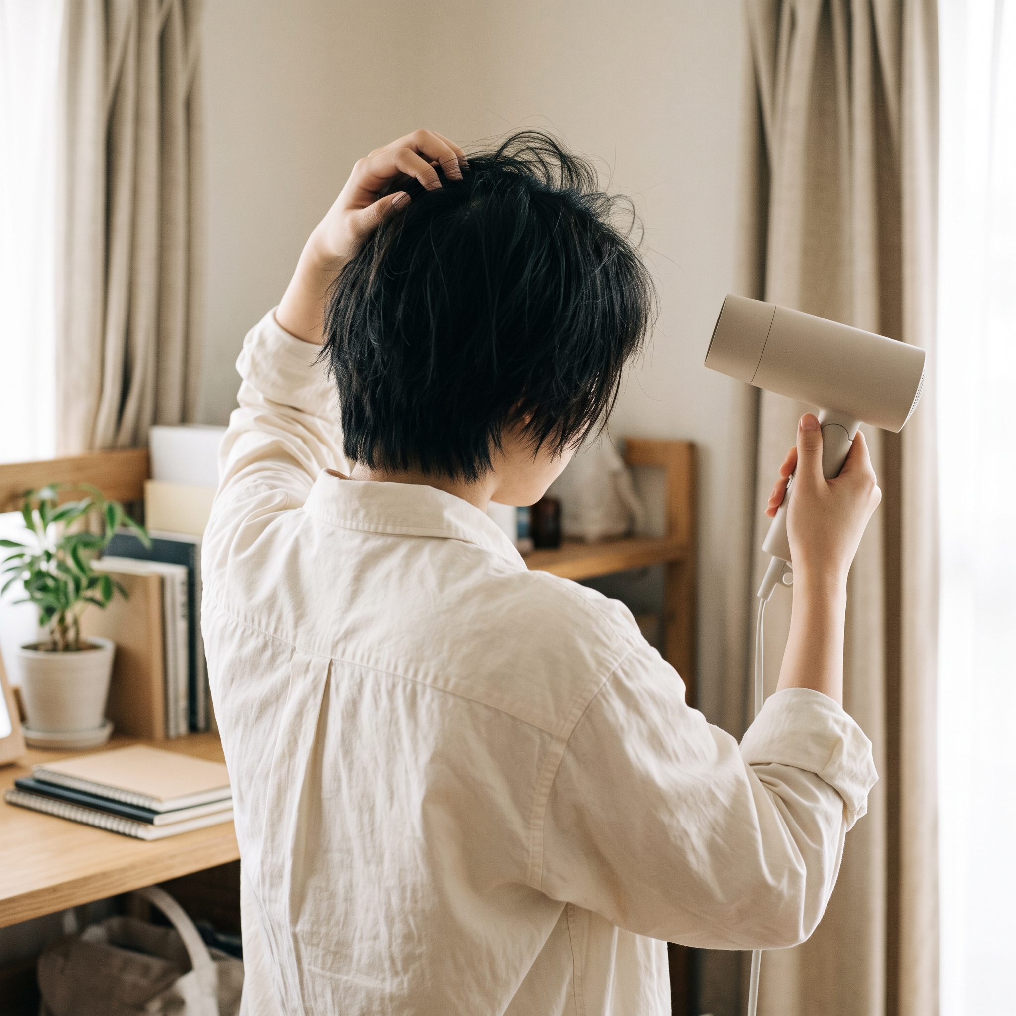 前髪の根元をドライヤーで乾かす様子