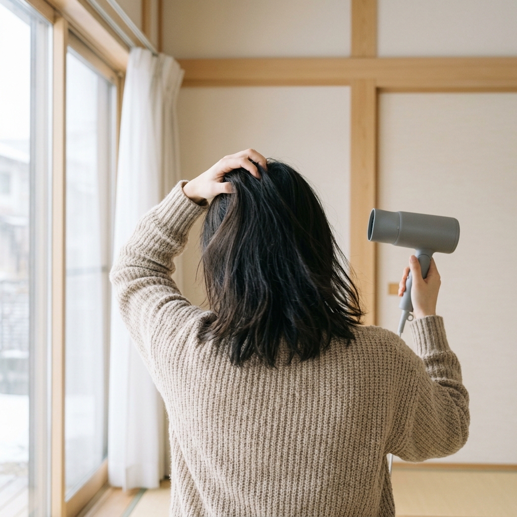 ドライヤーで前髪の根元を乾かす後ろ姿