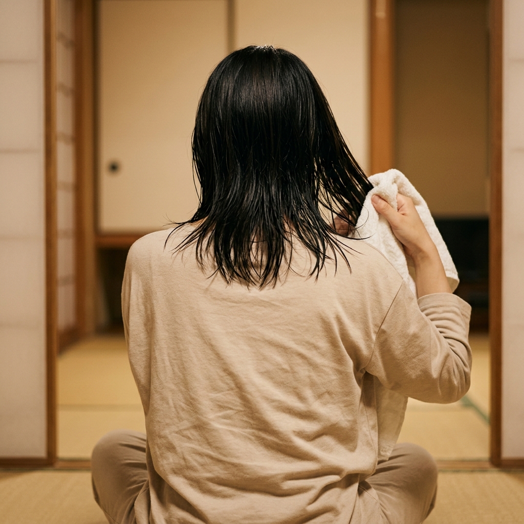 タオルで毛先をはさんで水気をとる後ろ姿