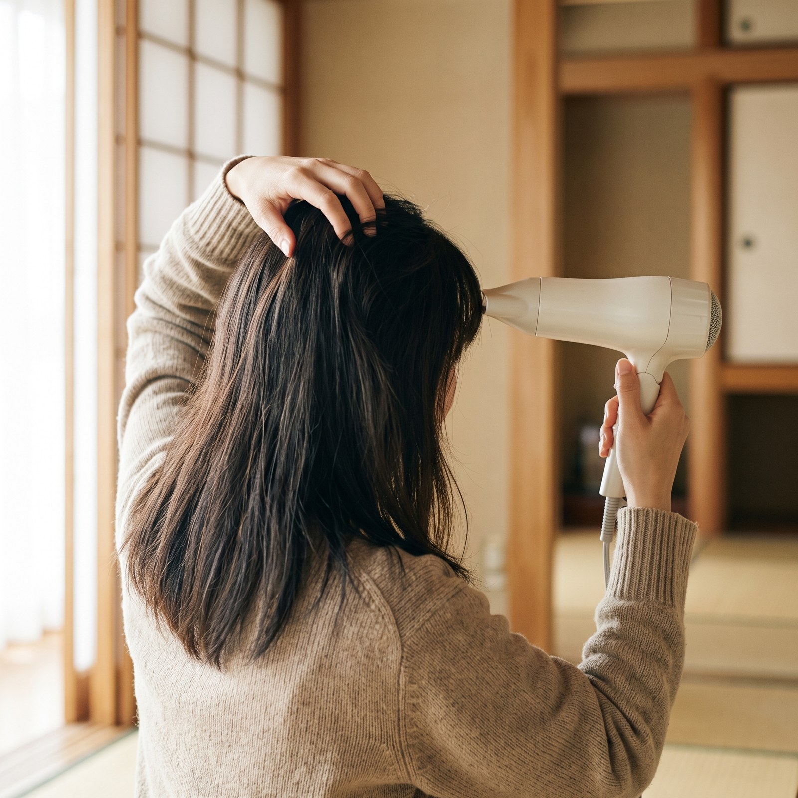 ドライヤーで髪の根元を乾かす後ろ姿