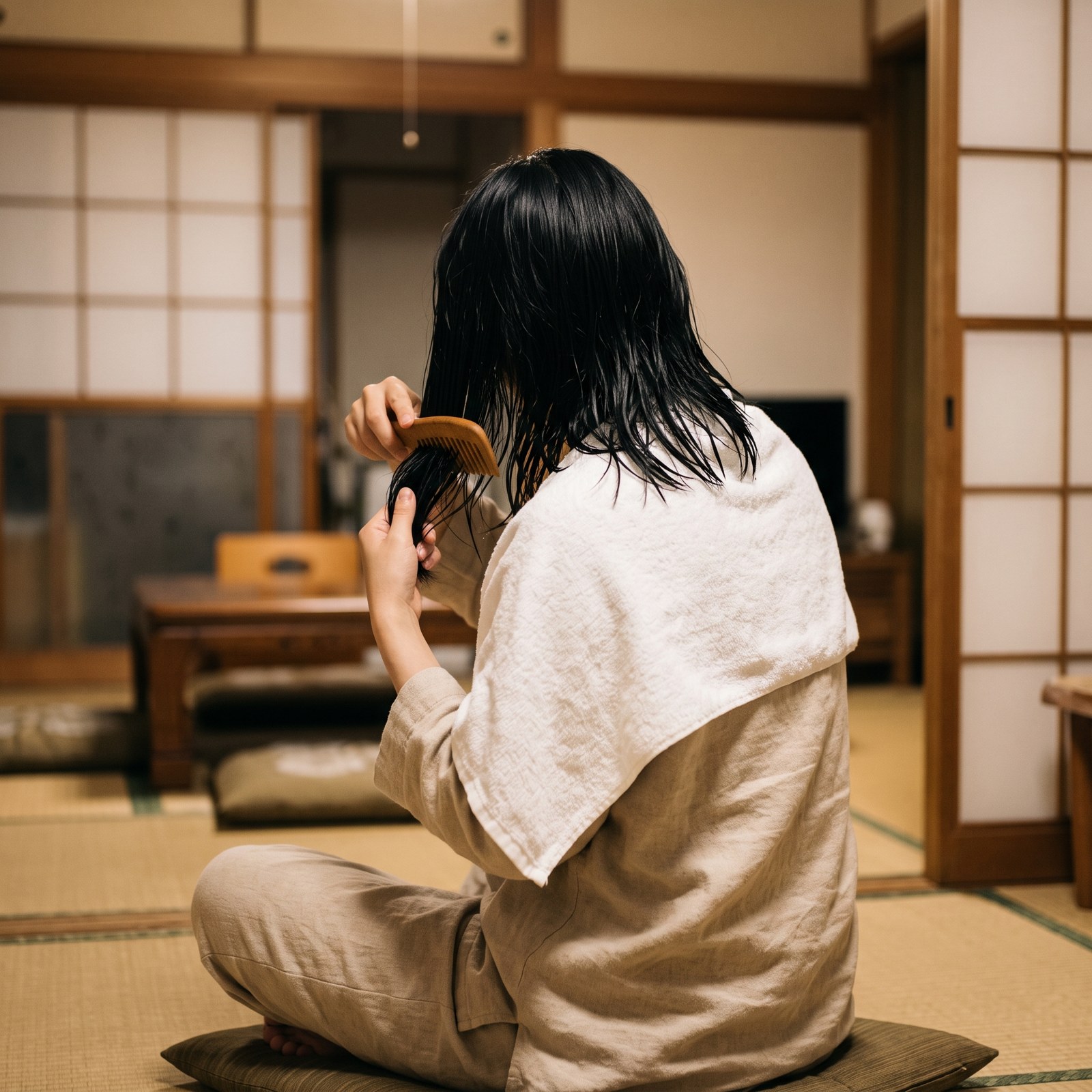 濡れた髪の毛先をコームでとかす後ろ姿