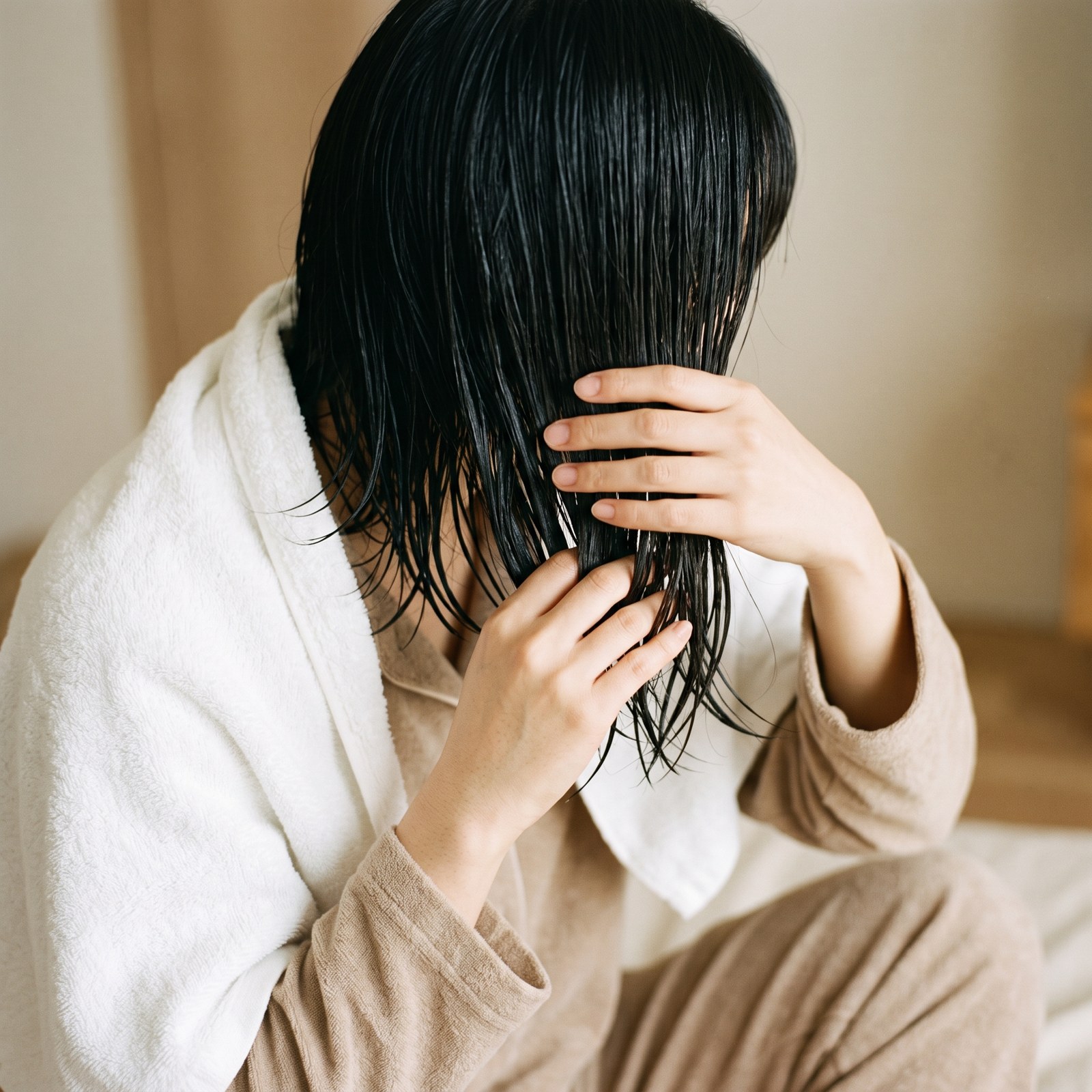 濡れた髪の毛先にトリートメントをなじませる手元
