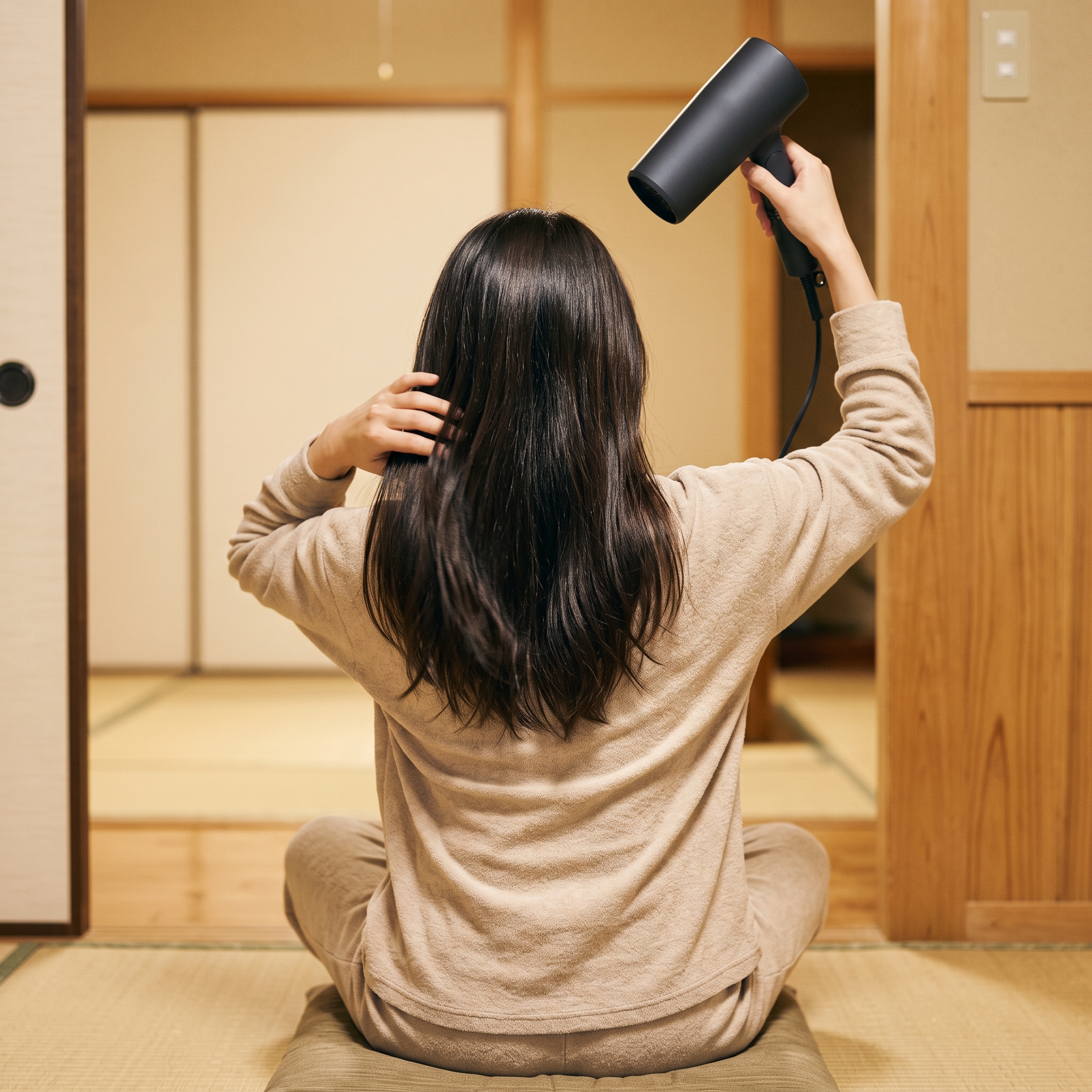 ドライヤーで上から風をあてて髪を乾かす後ろ姿