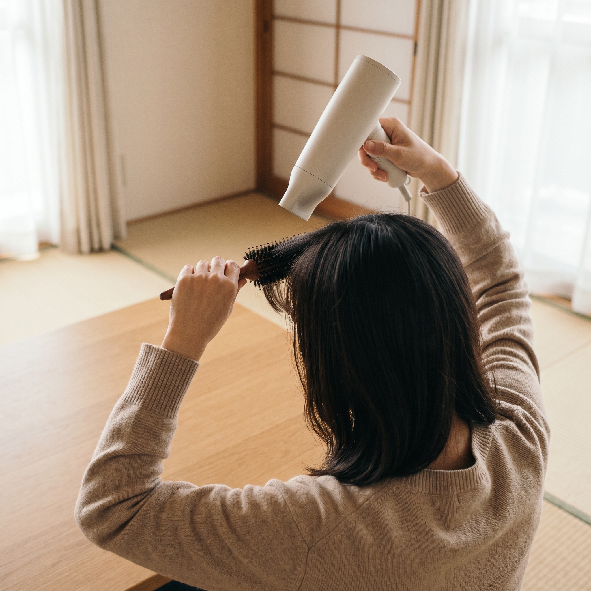 丸いブラシとドライヤーで前髪を整える後ろ姿