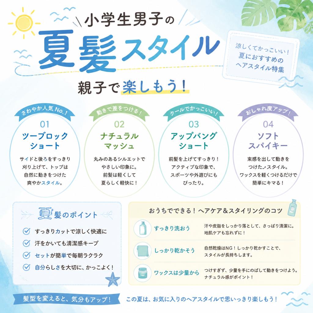 小学生男子の夏髪スタイル、親子で楽しもう！