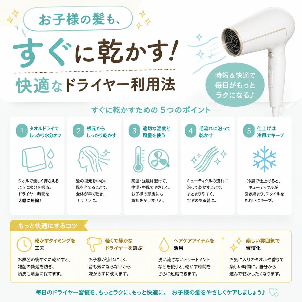 お子様の髪も、すぐに乾かす！快適なドライヤー利用法