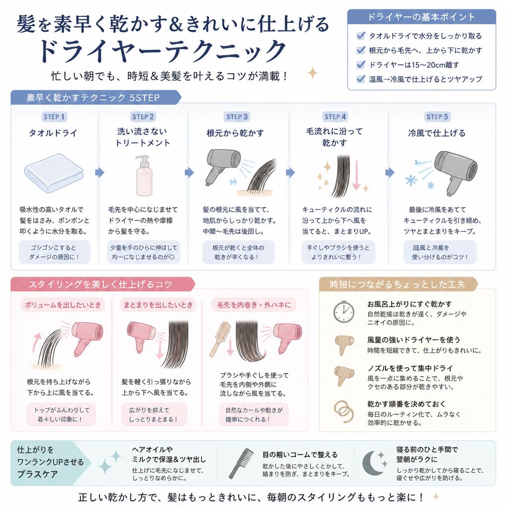 短時間で髪を乾かすテクニック